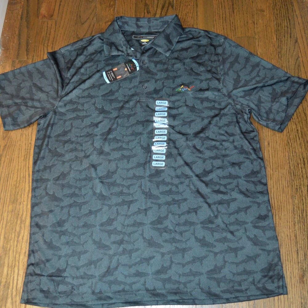 Men's GREG NORMAN Play Dry Light weight Golf shirt~Shark Print ~NWT~ Large